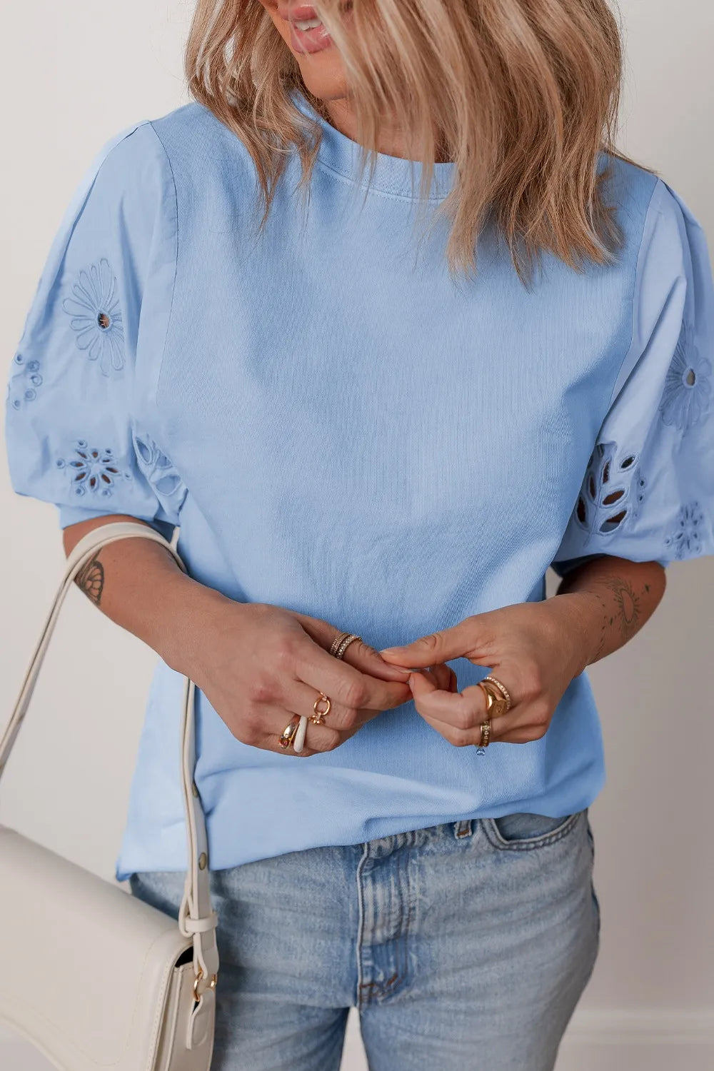 Eyelet Flower Embroidered Puff Short Sleeve Patchwork Crew Neck Blouse