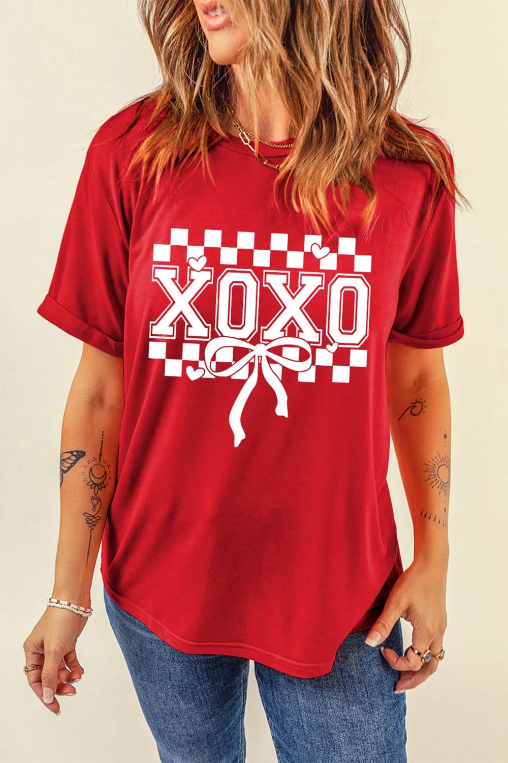 Camiseta de San Valentín con estampado de lazo a cuadros XOXO