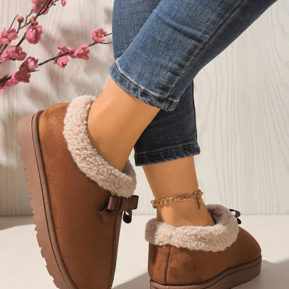 Pantuflas Forradas de Peluche Suaves con Lazo