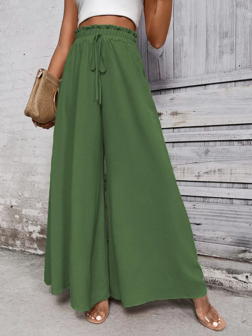 Pantalones anchos de cintura alta con lazo de miel