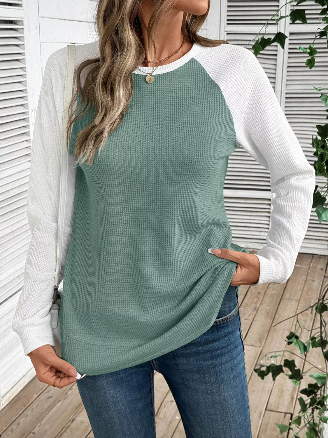 Camiseta de punto gofre con manga raglán