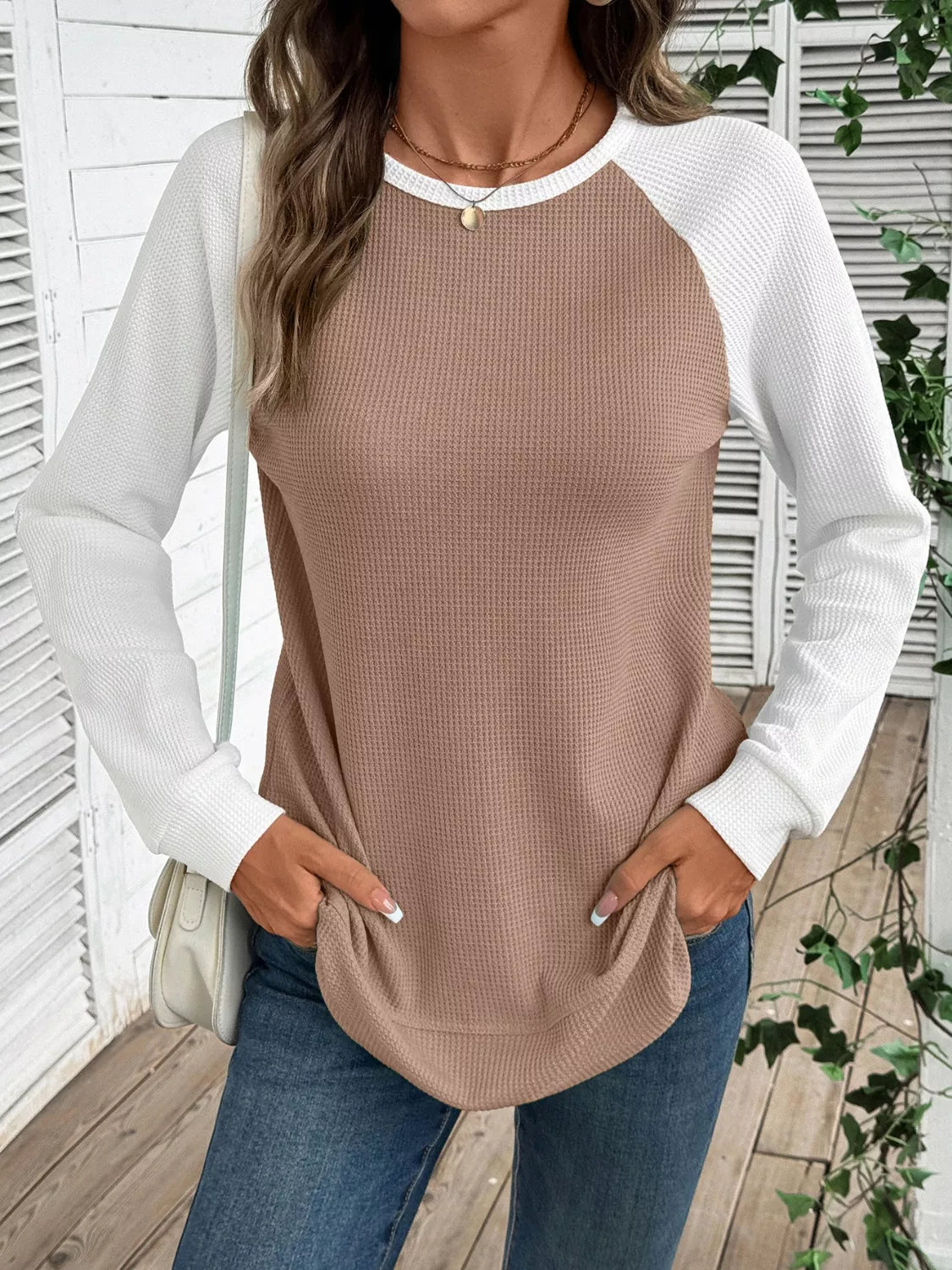 Camiseta de punto gofre con manga raglán