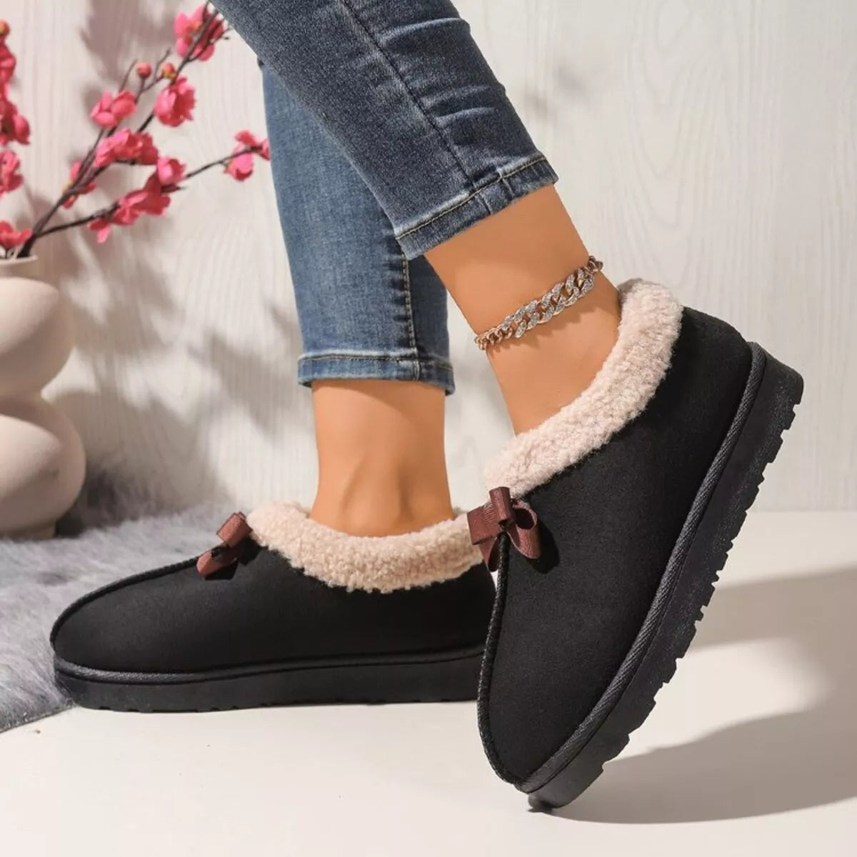 Pantuflas Forradas de Peluche Suaves con Lazo