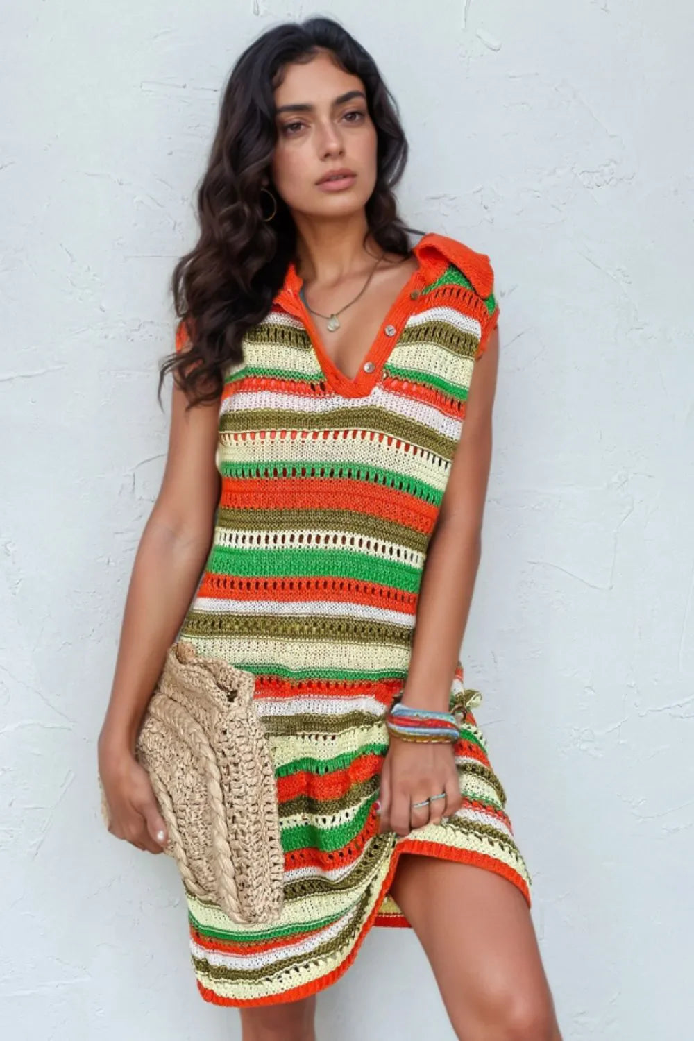 Openwork Stripe Sleeveless Sweater Dress