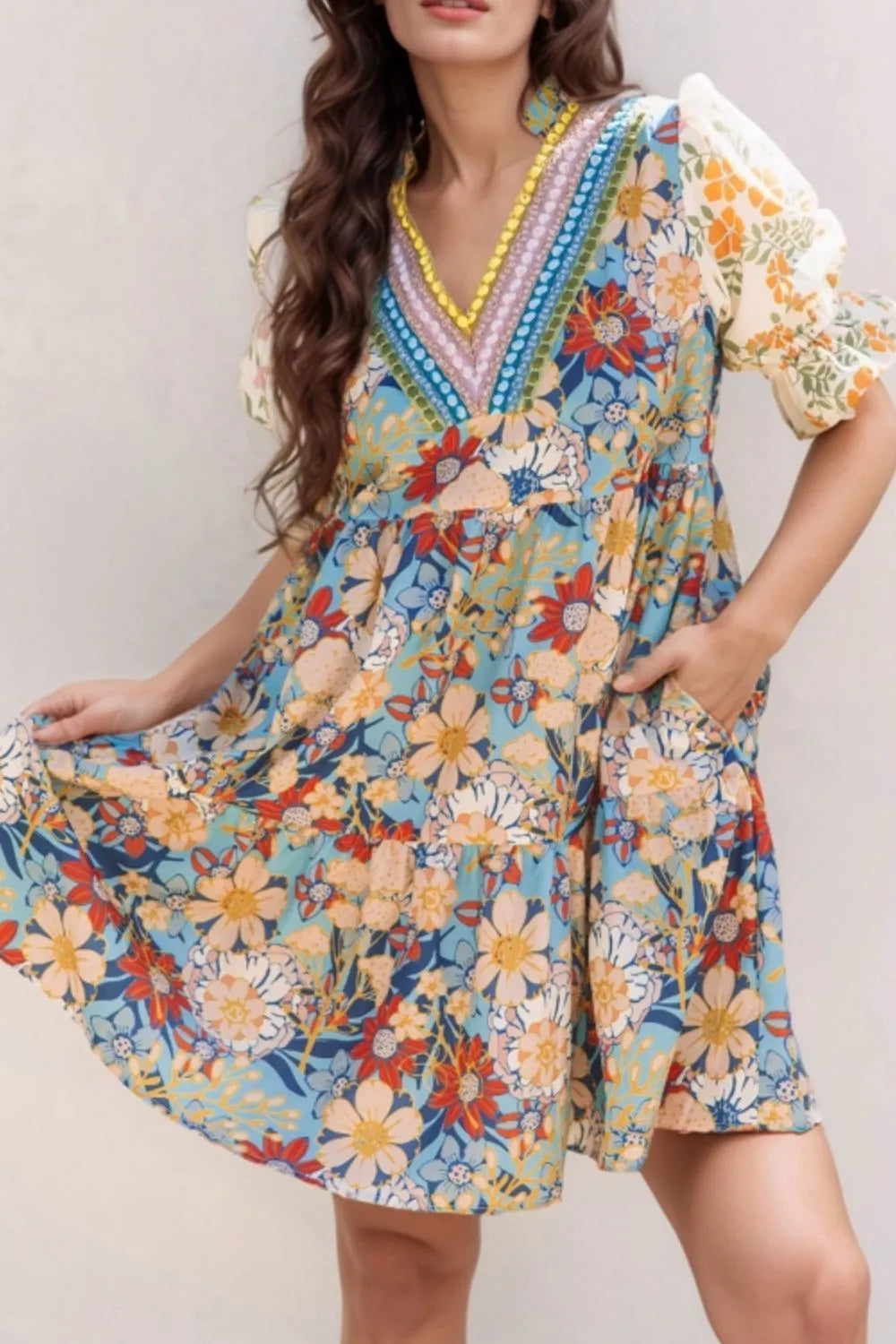 Printed Notched Flounce Sleeve Mini Dress