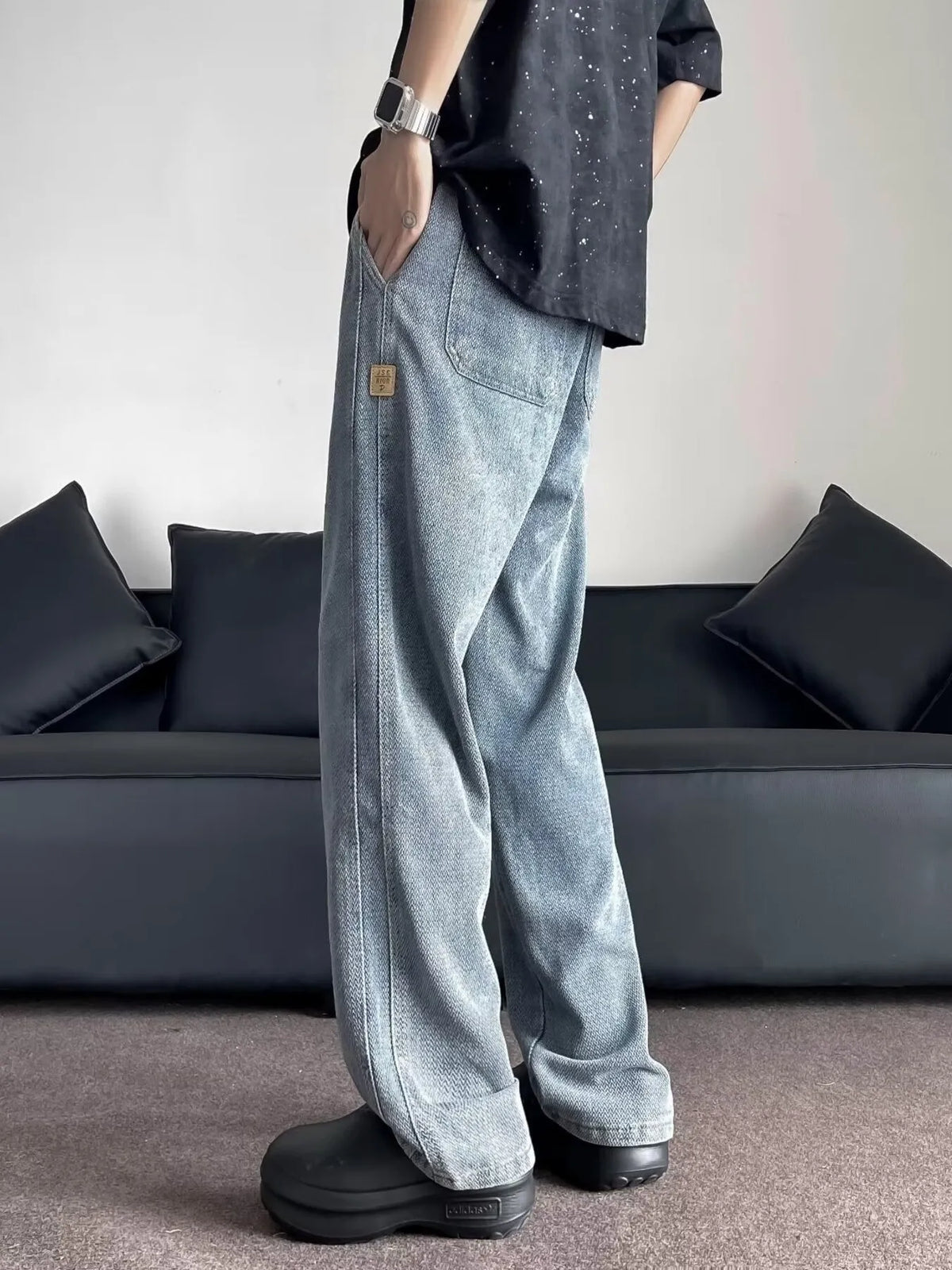 Pantalones Anchos de Mezclilla Lavados con Cordón para Hombre Talla Grande