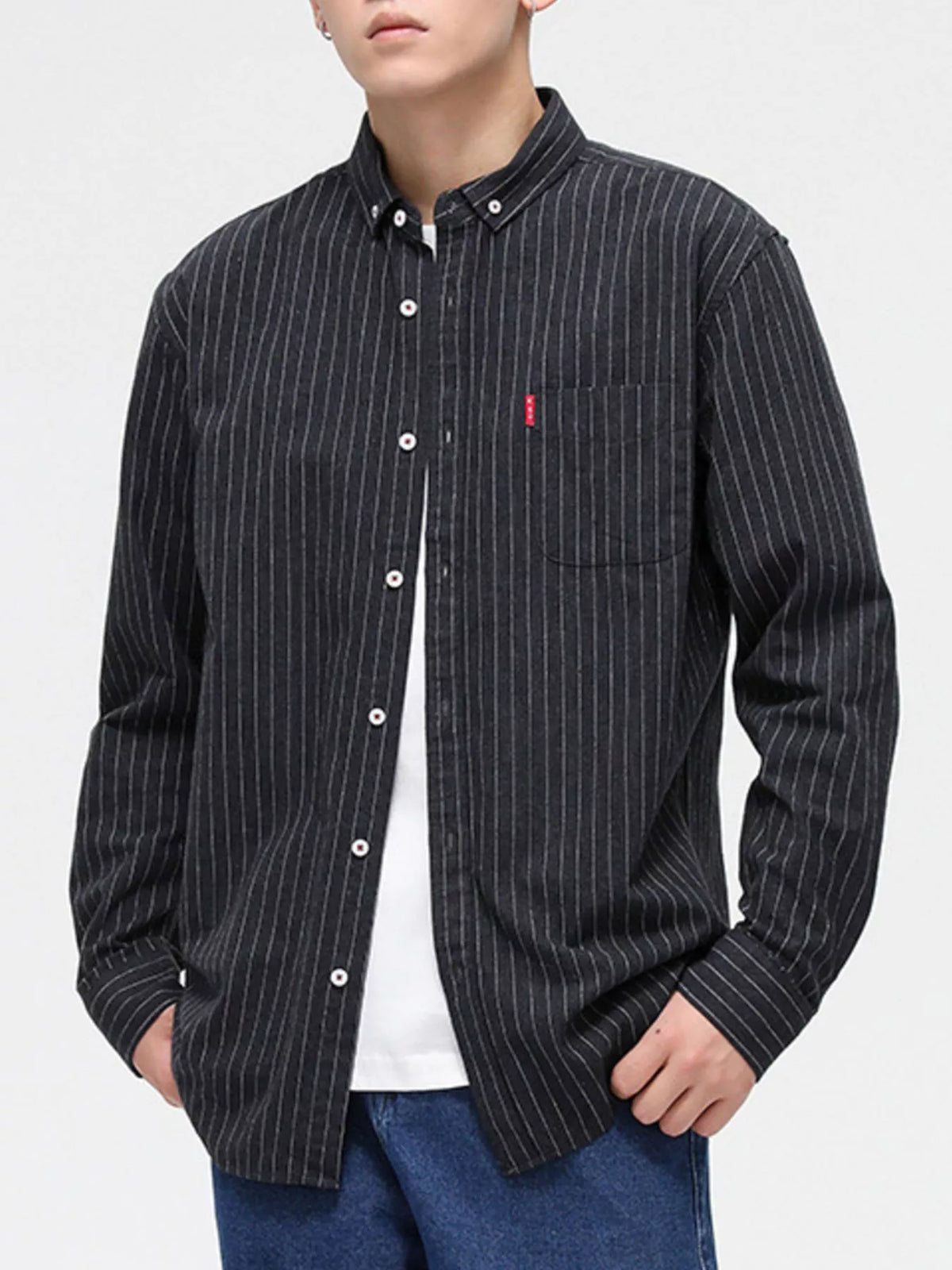 Camisa informal de manga larga a rayas de talla grande para hombre