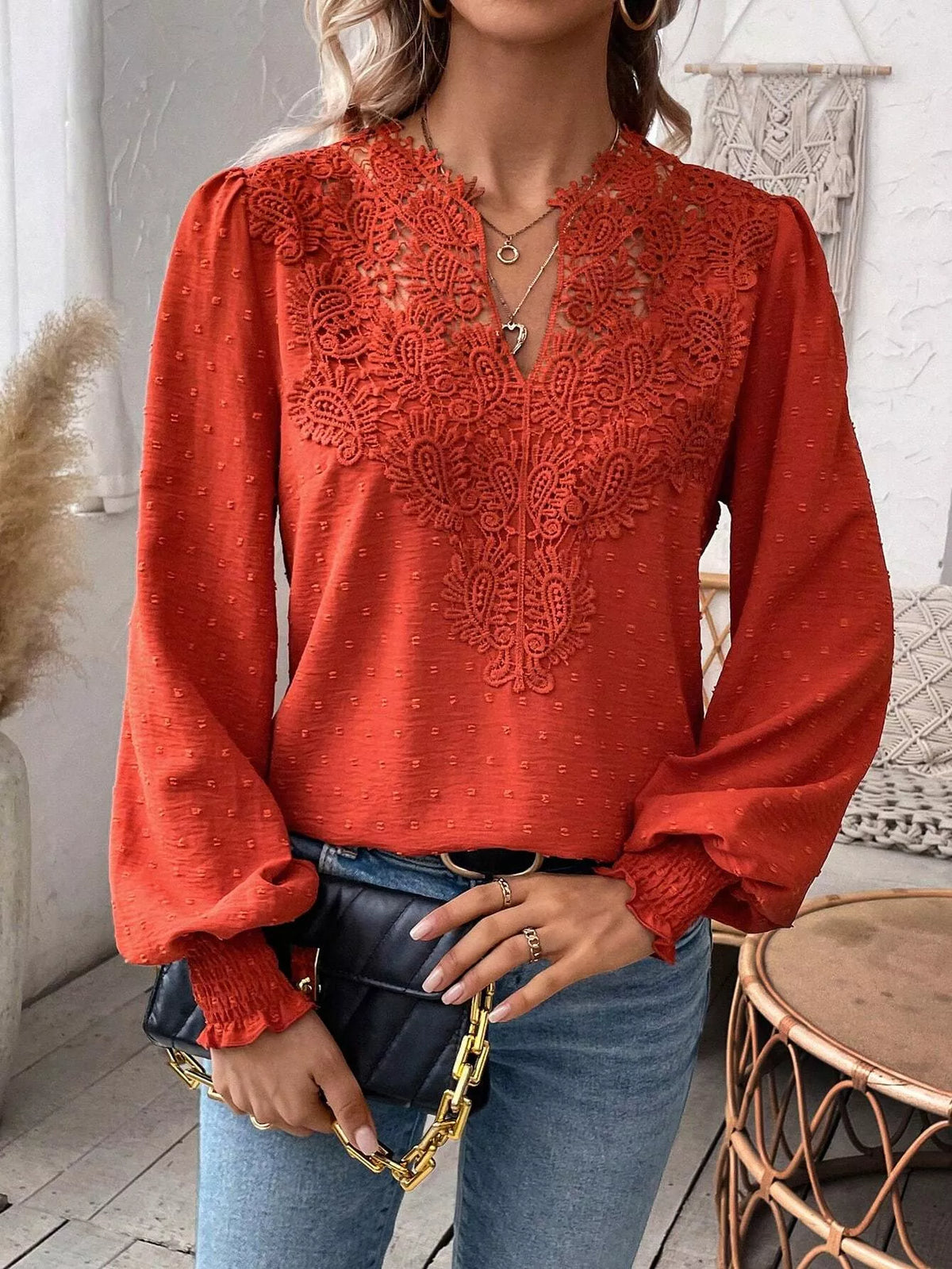 Lace Trim Long Sleeve Blouse