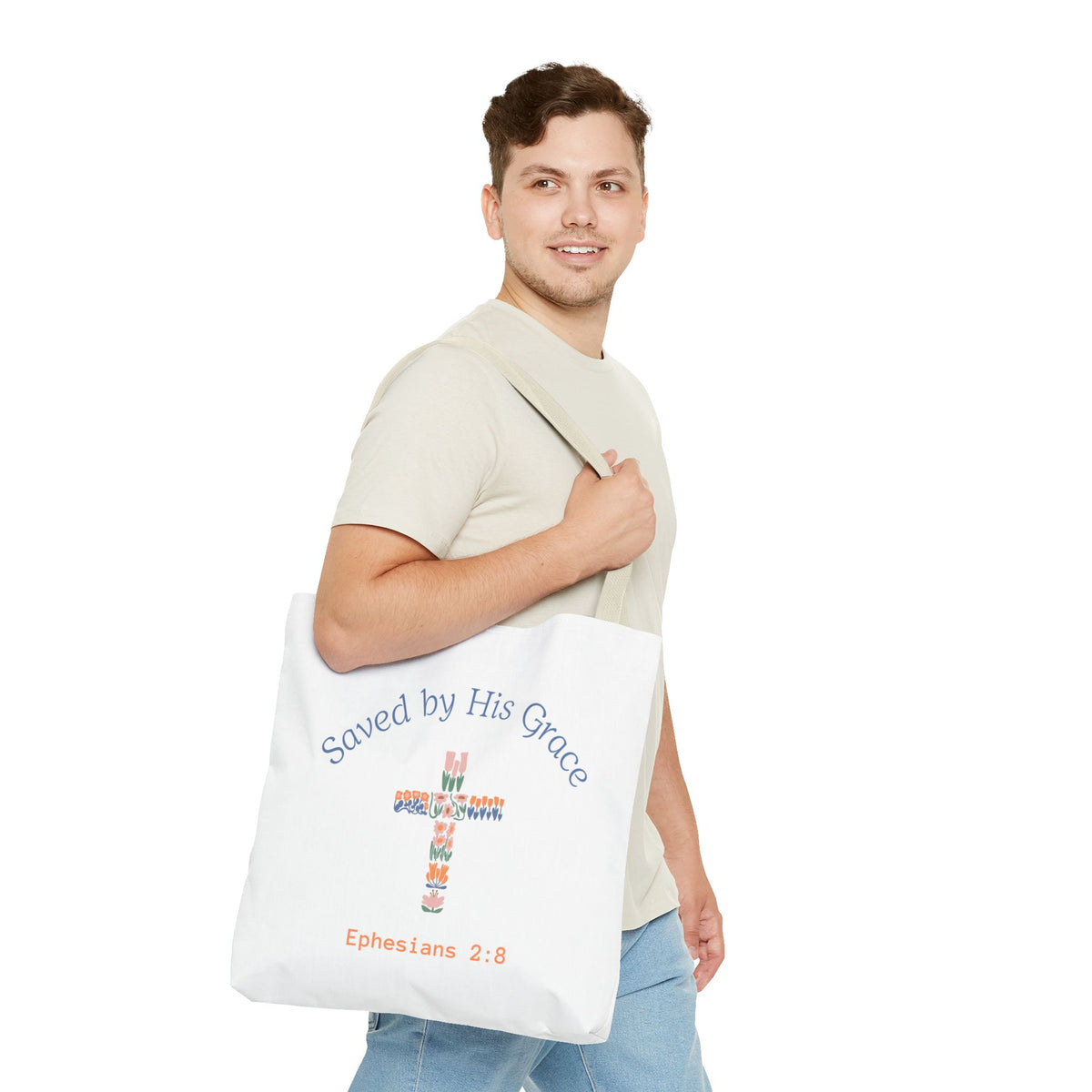 Bolsa tote cristiana — "Salva por Su gracia"