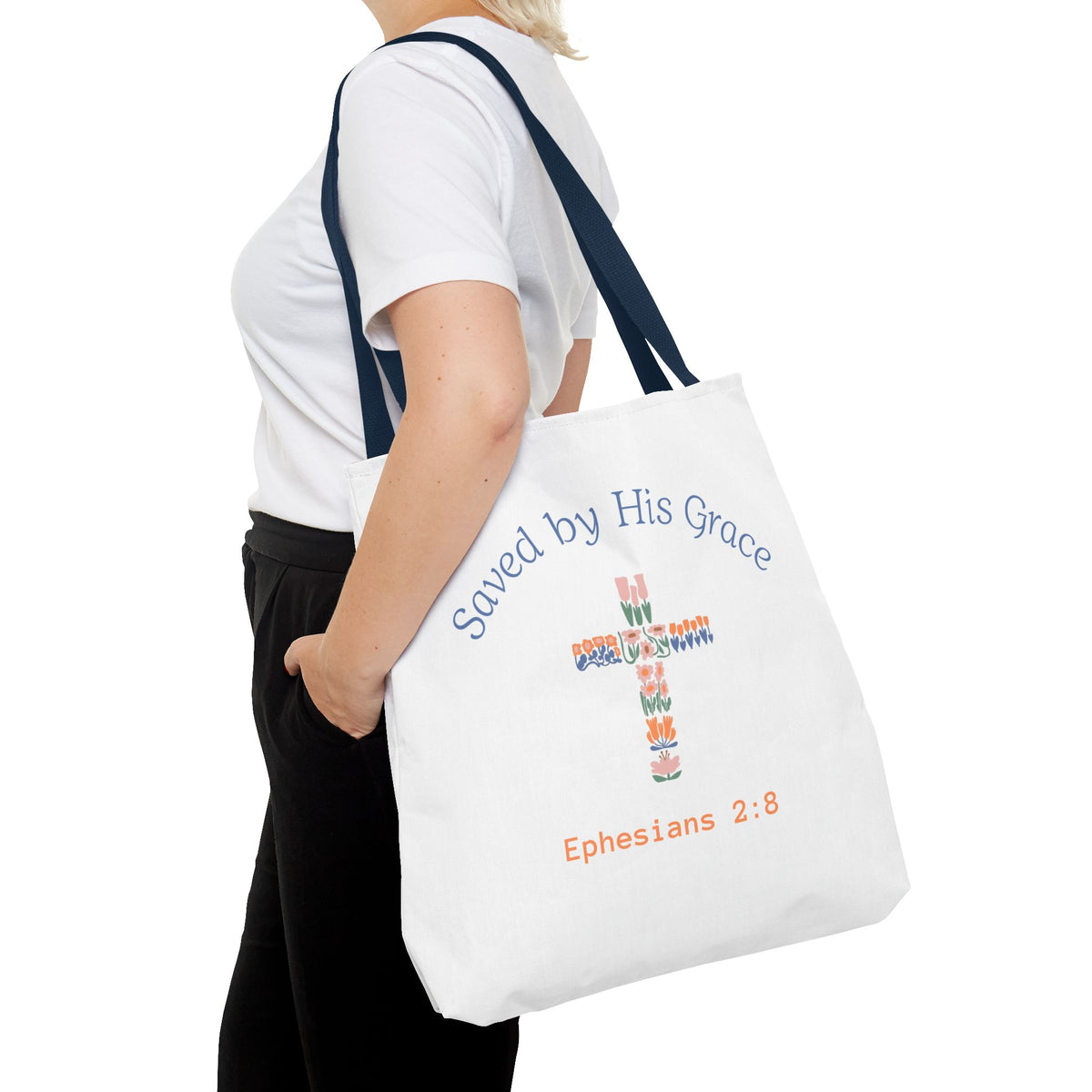 Bolsa tote cristiana — "Salva por Su gracia"