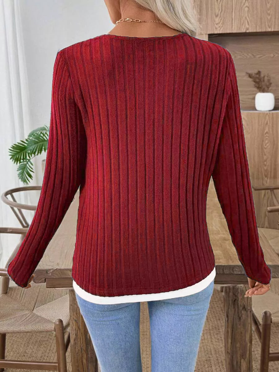 Camiseta Henley de manga larga de punto acanalado