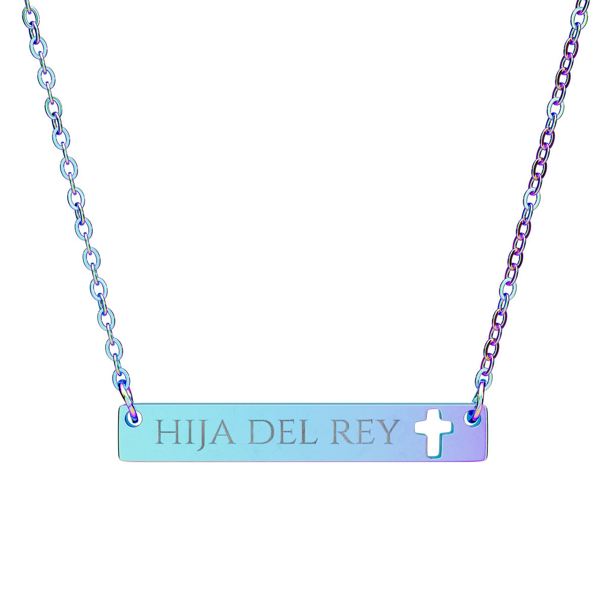Collar con barra transversal y cruz recortada grabada — "Hija del Rey"