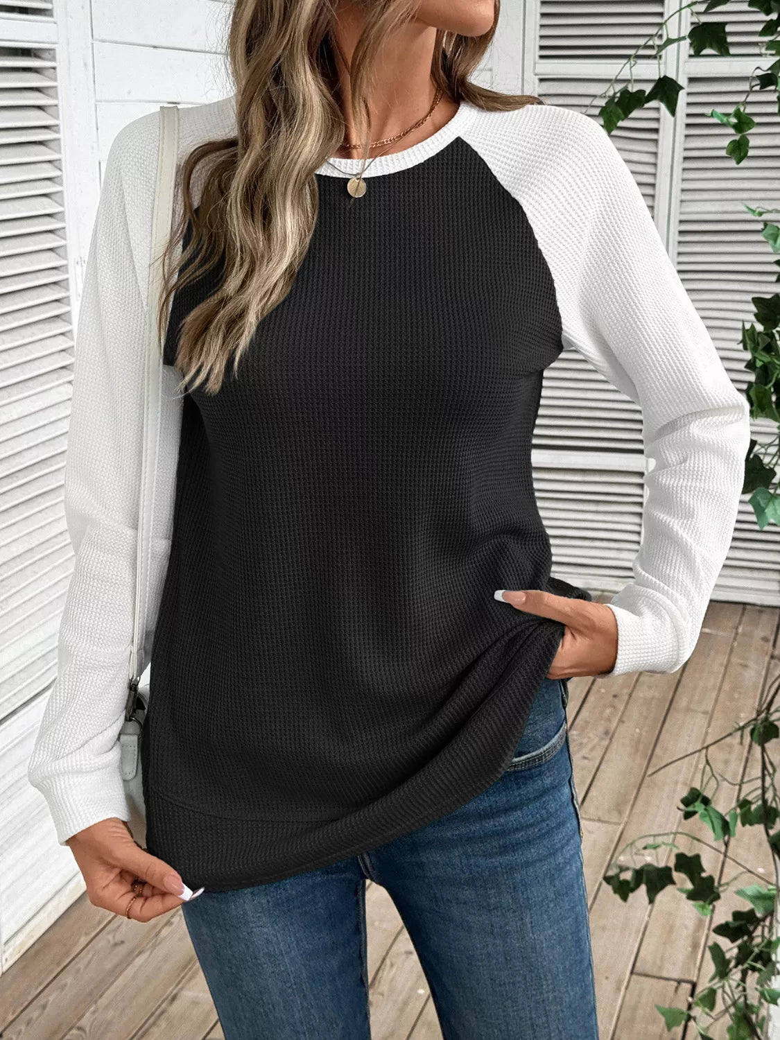 Camiseta de punto gofre con manga raglán
