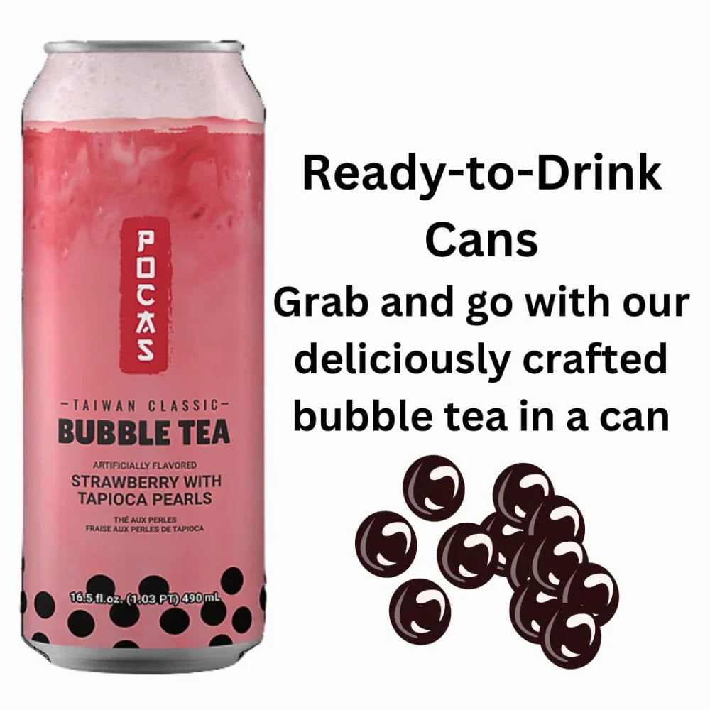 Pocas Bubble Tea Strawberry with Tapioca Pearls 16.5 oz box of 24 units