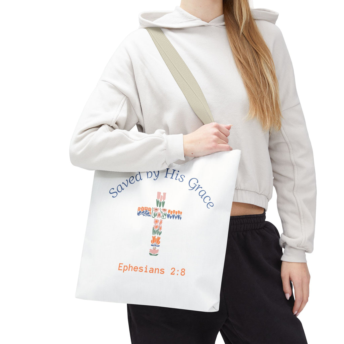 Bolsa tote cristiana — "Salva por Su gracia"