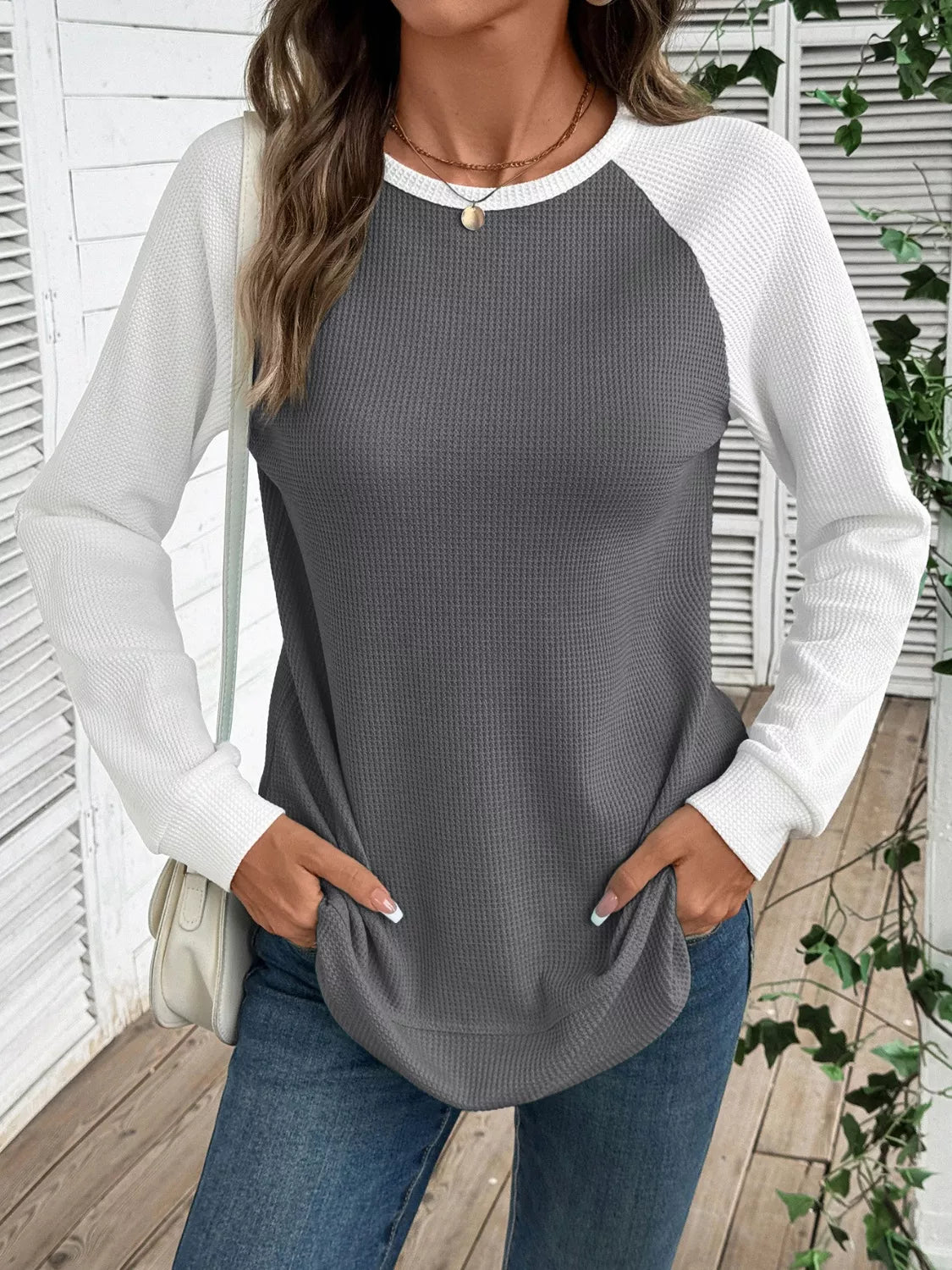 Camiseta de punto gofre con manga raglán