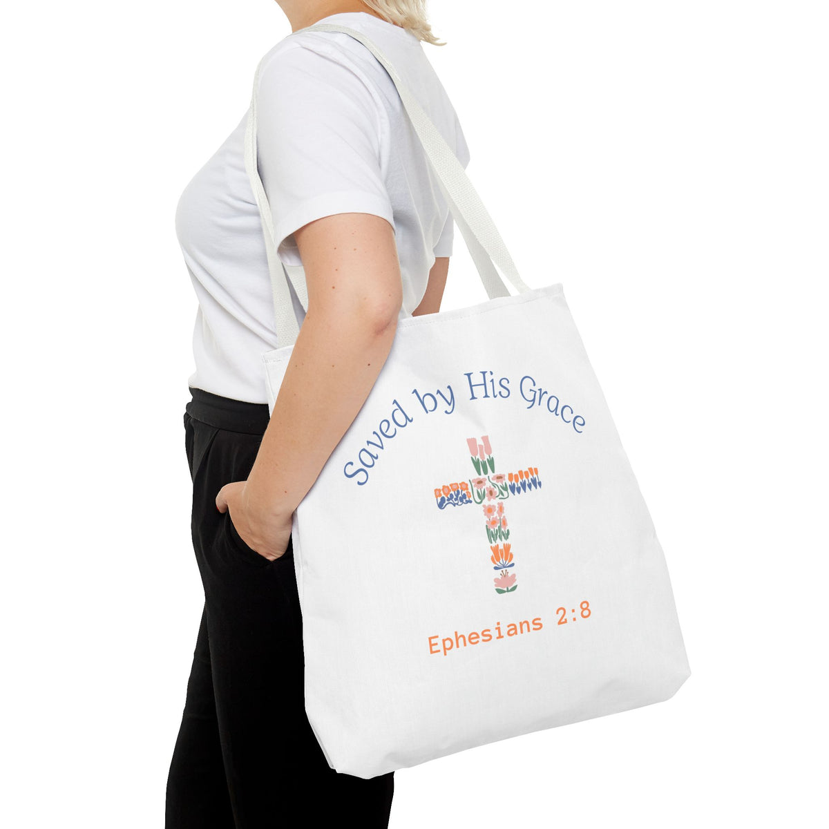 Bolsa tote cristiana — "Salva por Su gracia"