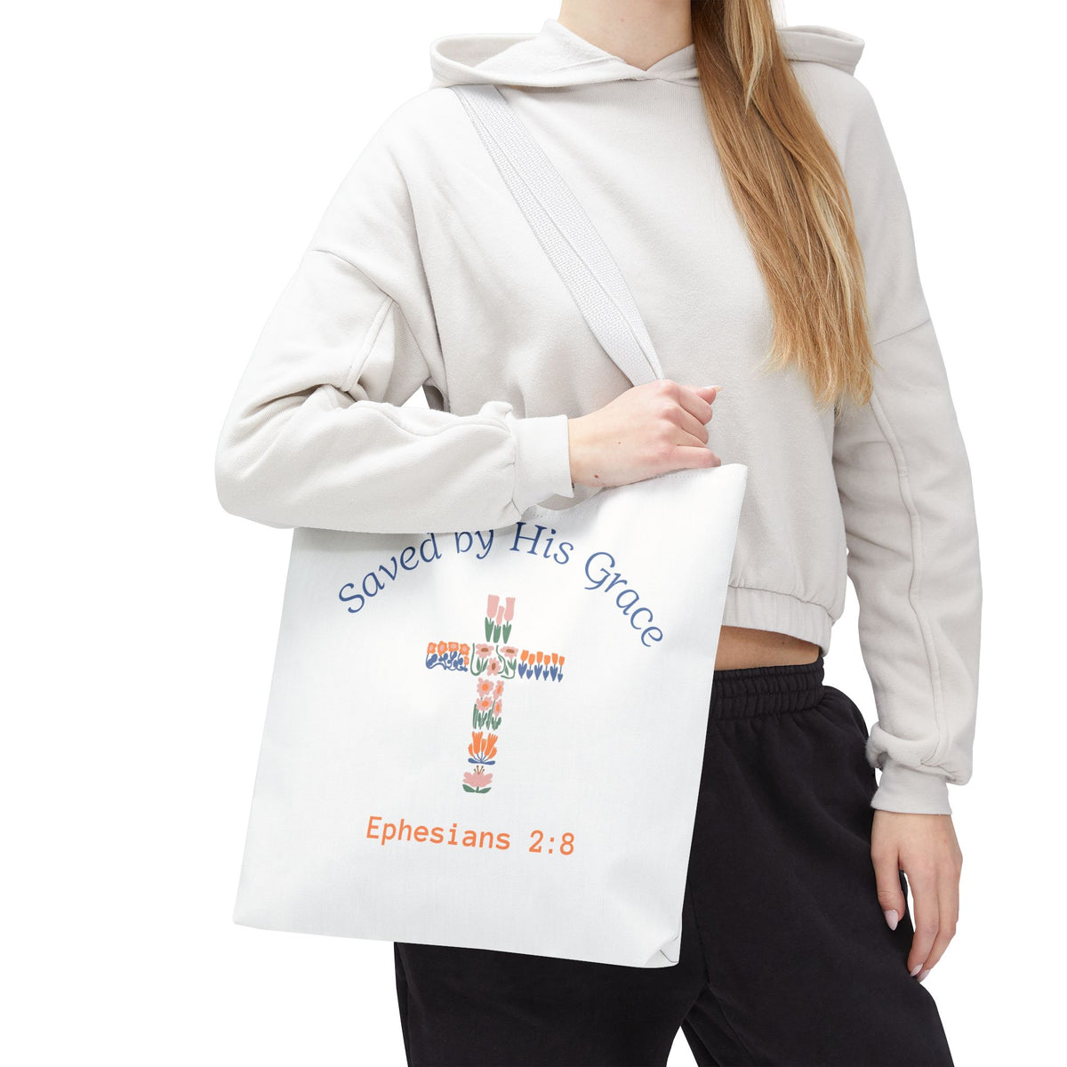 Bolsa tote cristiana — "Salva por Su gracia"