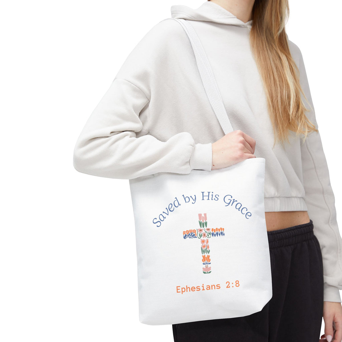 Bolsa tote cristiana — "Salva por Su gracia"