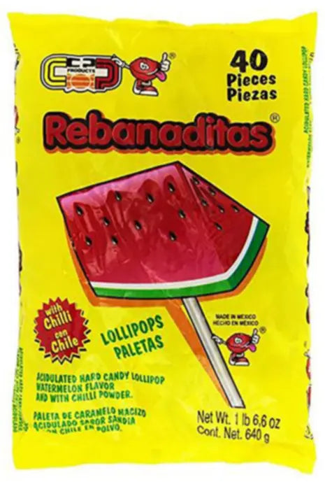 Rebanaditas Watermelon Lollipop with Chile 40ct box of 12 units
