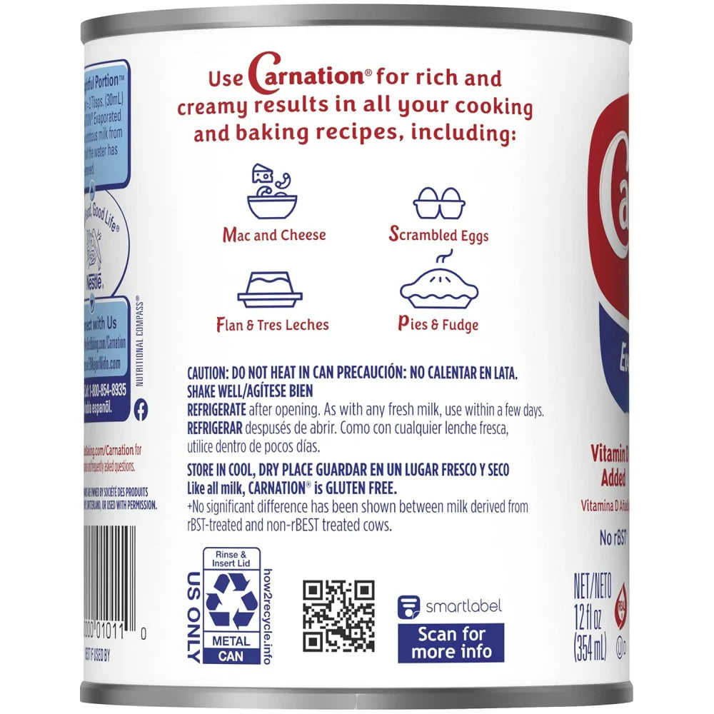 Leche evaporada Nestlé Carnation, caja de 12 oz con 24 unidades
