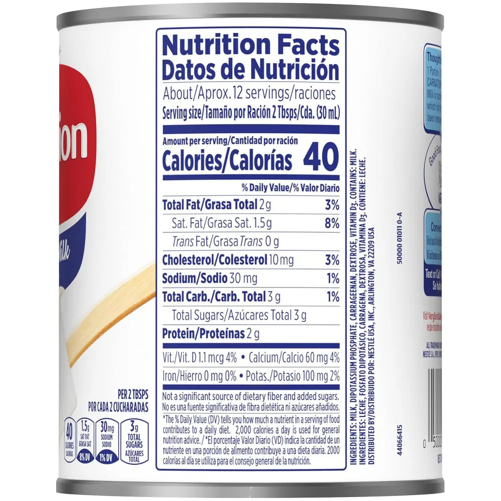 Leche evaporada Nestlé Carnation, caja de 12 oz con 24 unidades