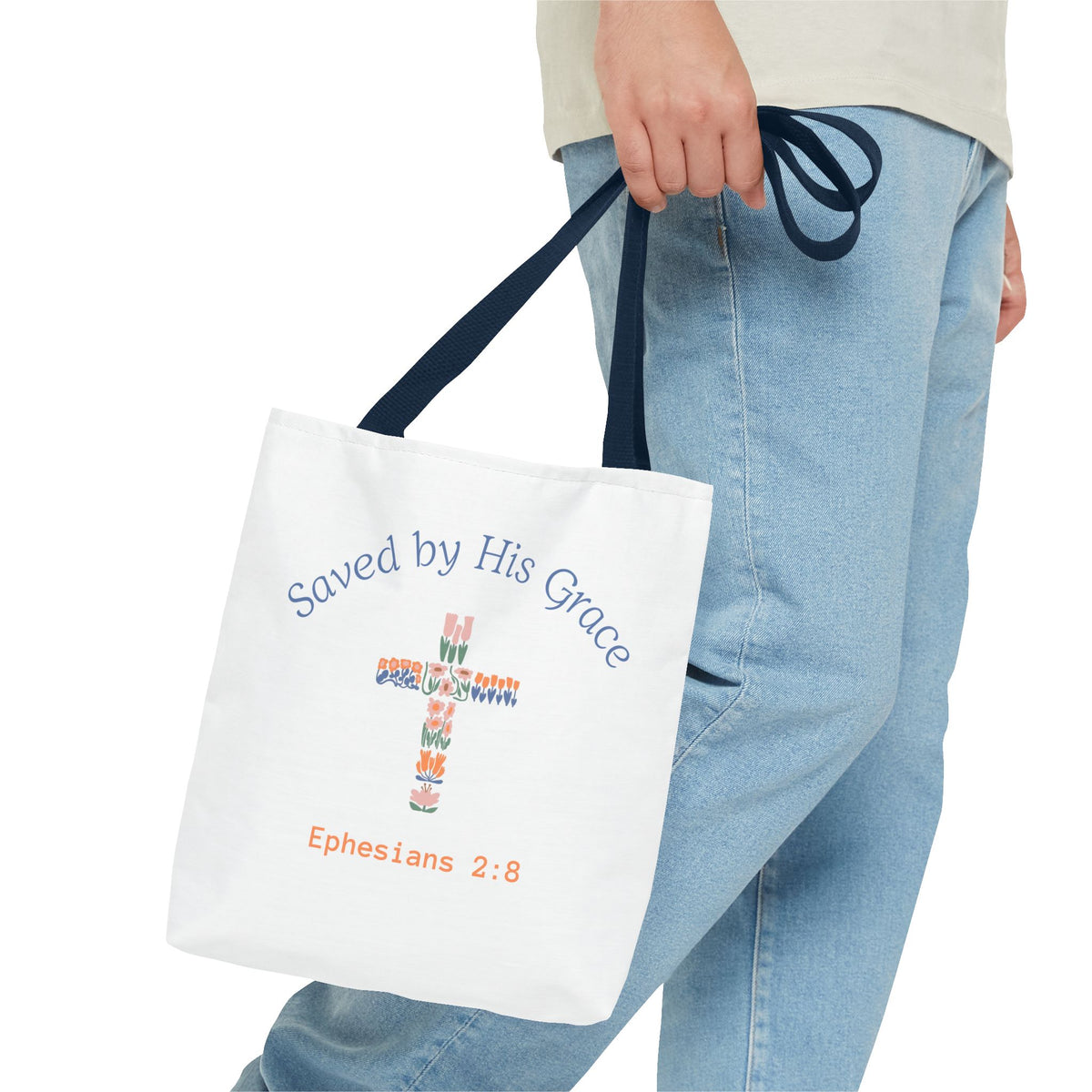 Bolsa tote cristiana — "Salva por Su gracia"