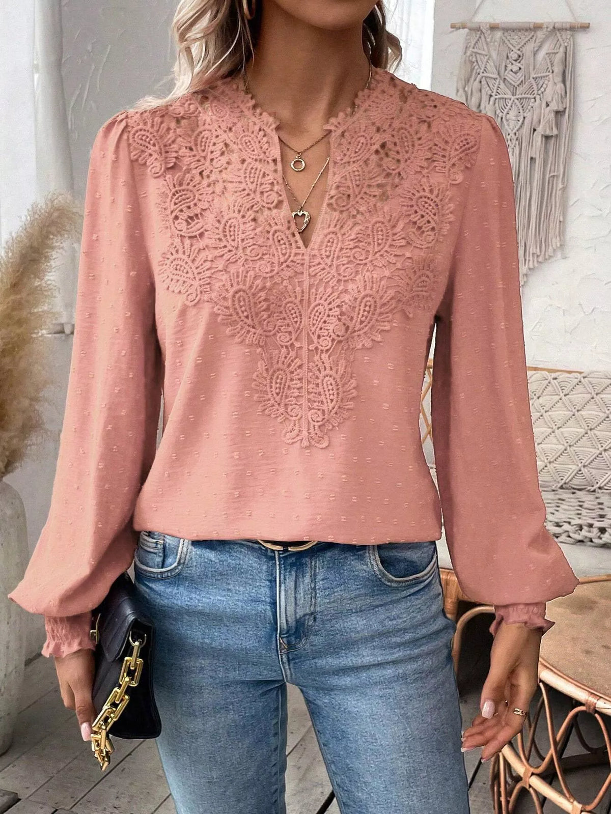Lace Trim Long Sleeve Blouse