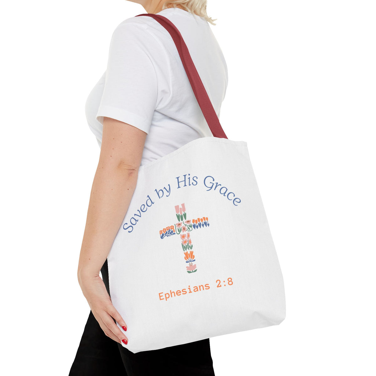 Bolsa tote cristiana — "Salva por Su gracia"