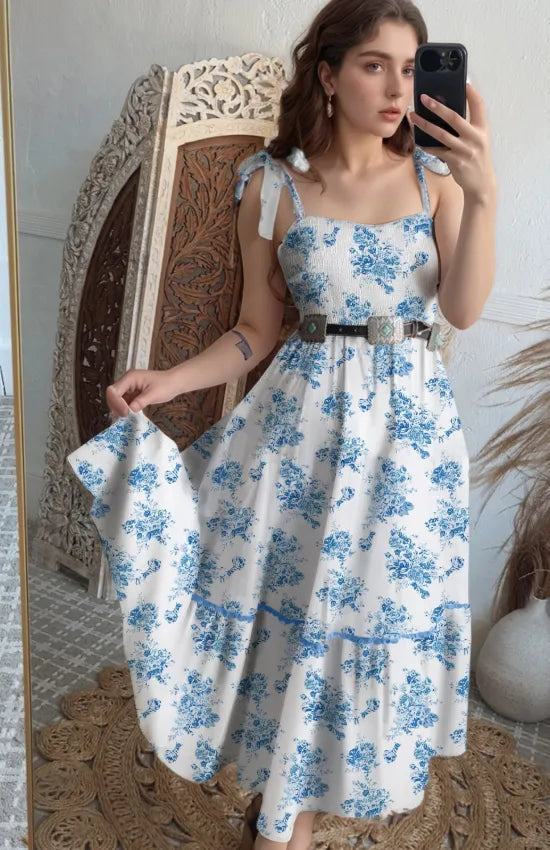 Printed Tie Shoulder Dress