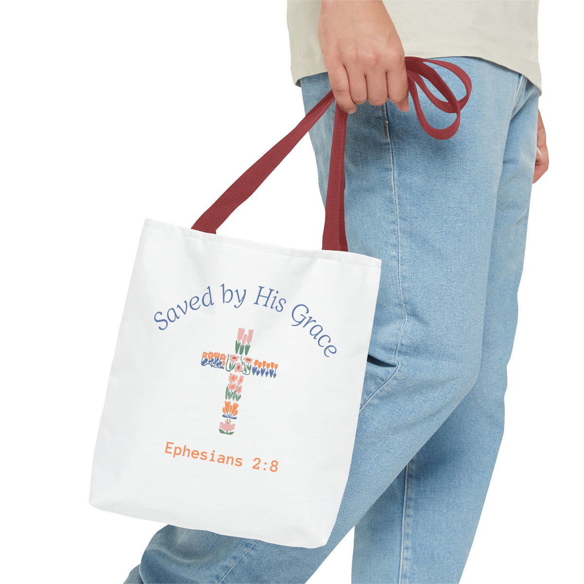 Bolsa tote cristiana — "Salva por Su gracia"