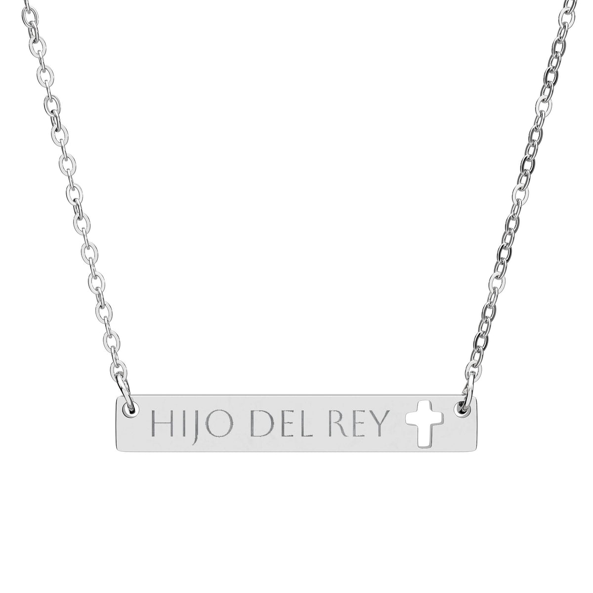 Engravable Cutout Cross Bar Necklace - "Hijo del Rey"