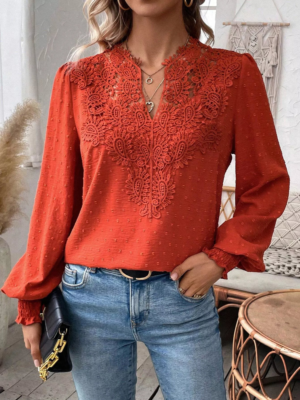 Lace Trim Long Sleeve Blouse