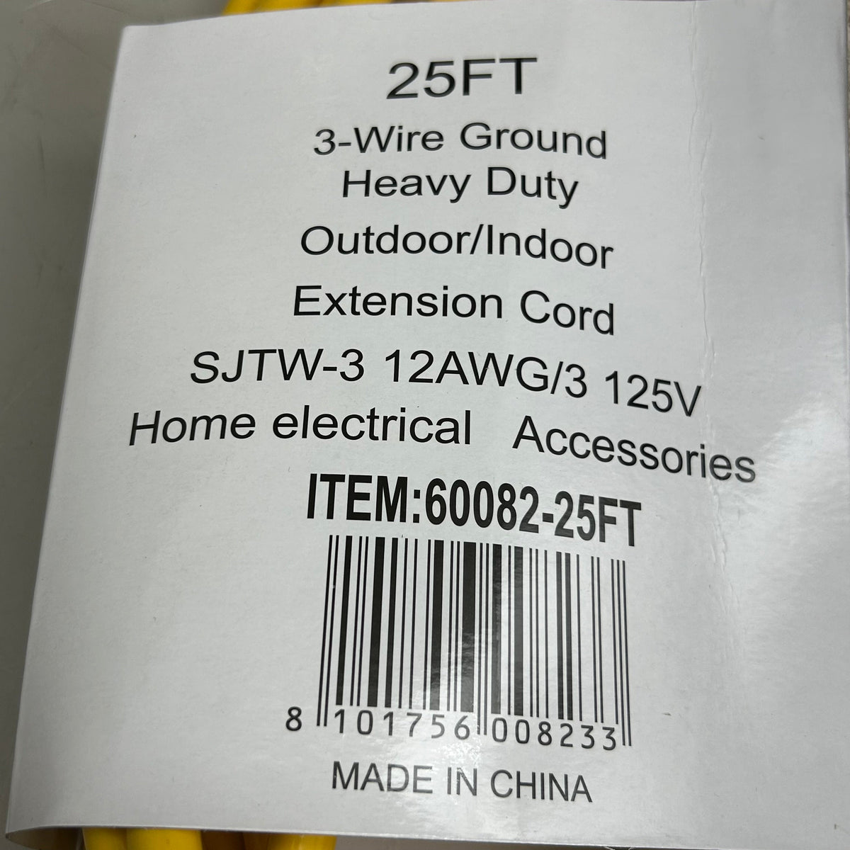 HOME ELECTRICAL ACCESSORIES  Heavy Duty Outdoor/Indoor Extension Cord  12 Gauge, 25' SJTW-3Yellow