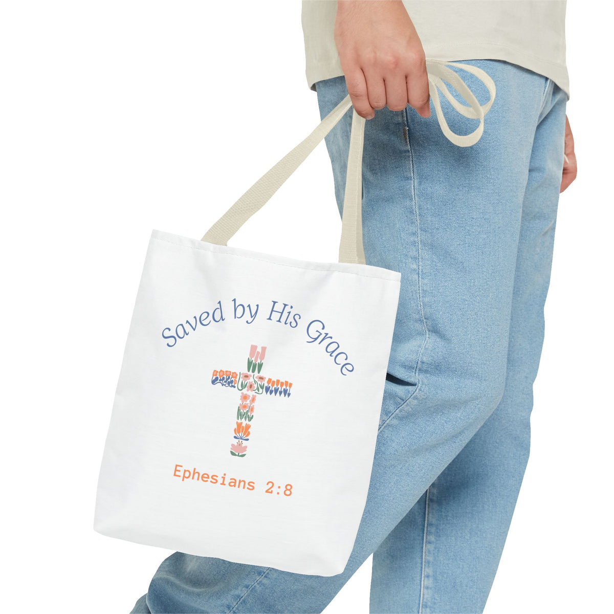Bolsa tote cristiana — "Salva por Su gracia"