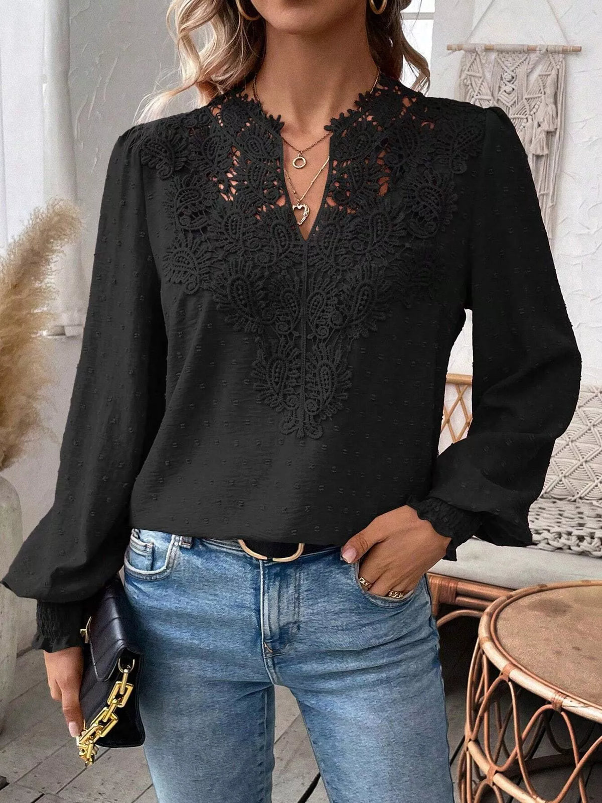 Lace Trim Long Sleeve Blouse
