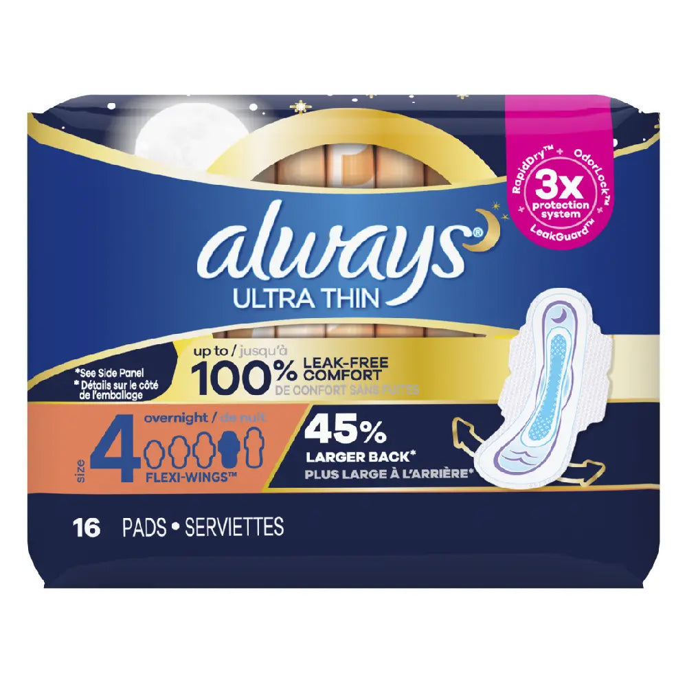 Always Ultra Thin Size 4 Overnight W/Wings 16 ct box of 6 units