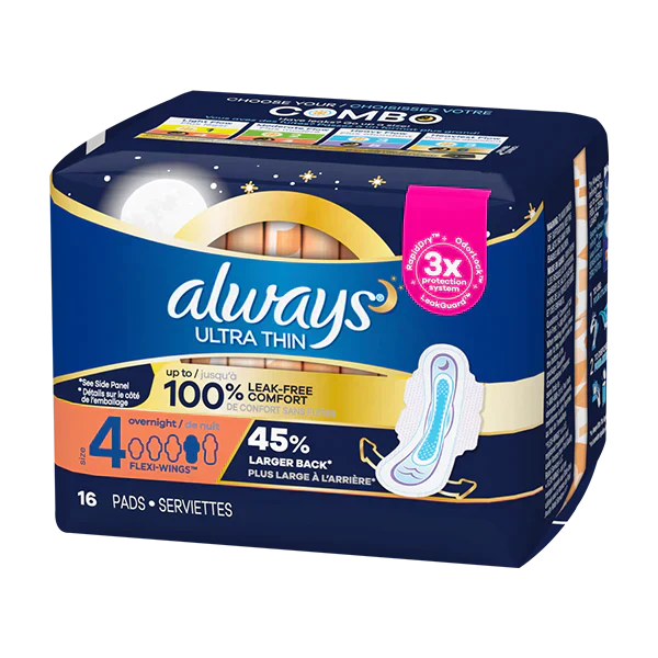 Always Ultra Thin Size 4 Overnight W/Wings 16 ct box of 6 units