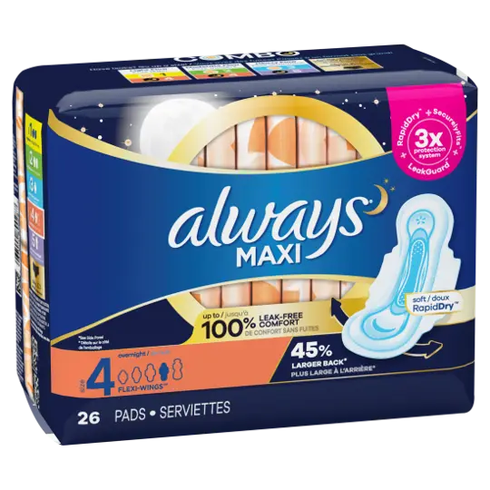 Always Maxi Leak Free W/Wings 26 ct box of 6 units