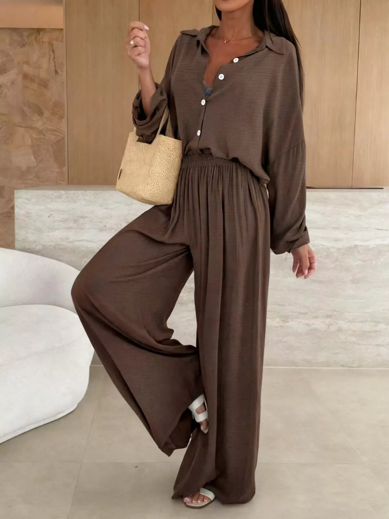 Conjunto de camisa de manga larga y pantalón de pierna ancha