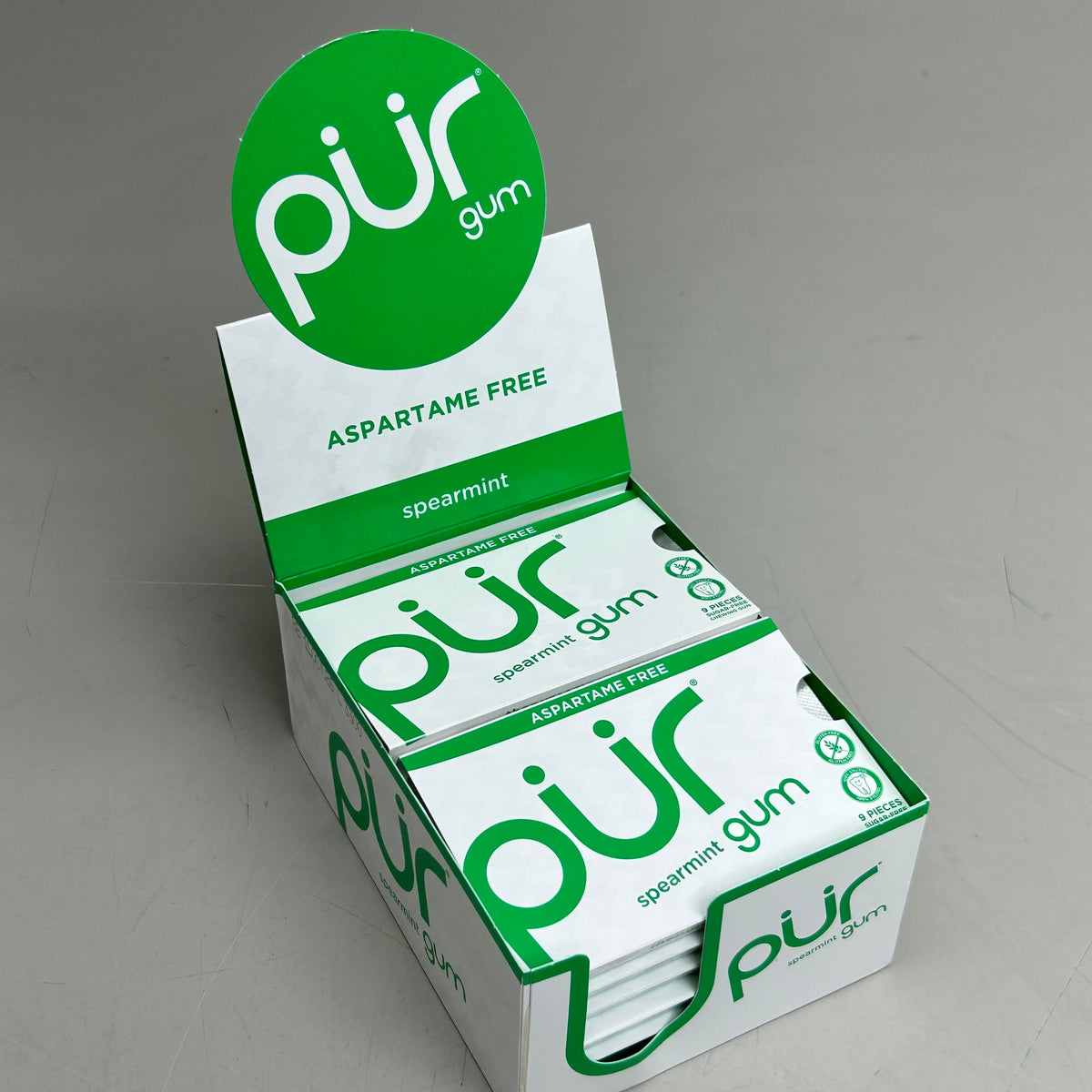 Chicle de hierbabuena sin azúcar PUR (sin aspartamo) – 12 paquetes (9 unidades cada uno)