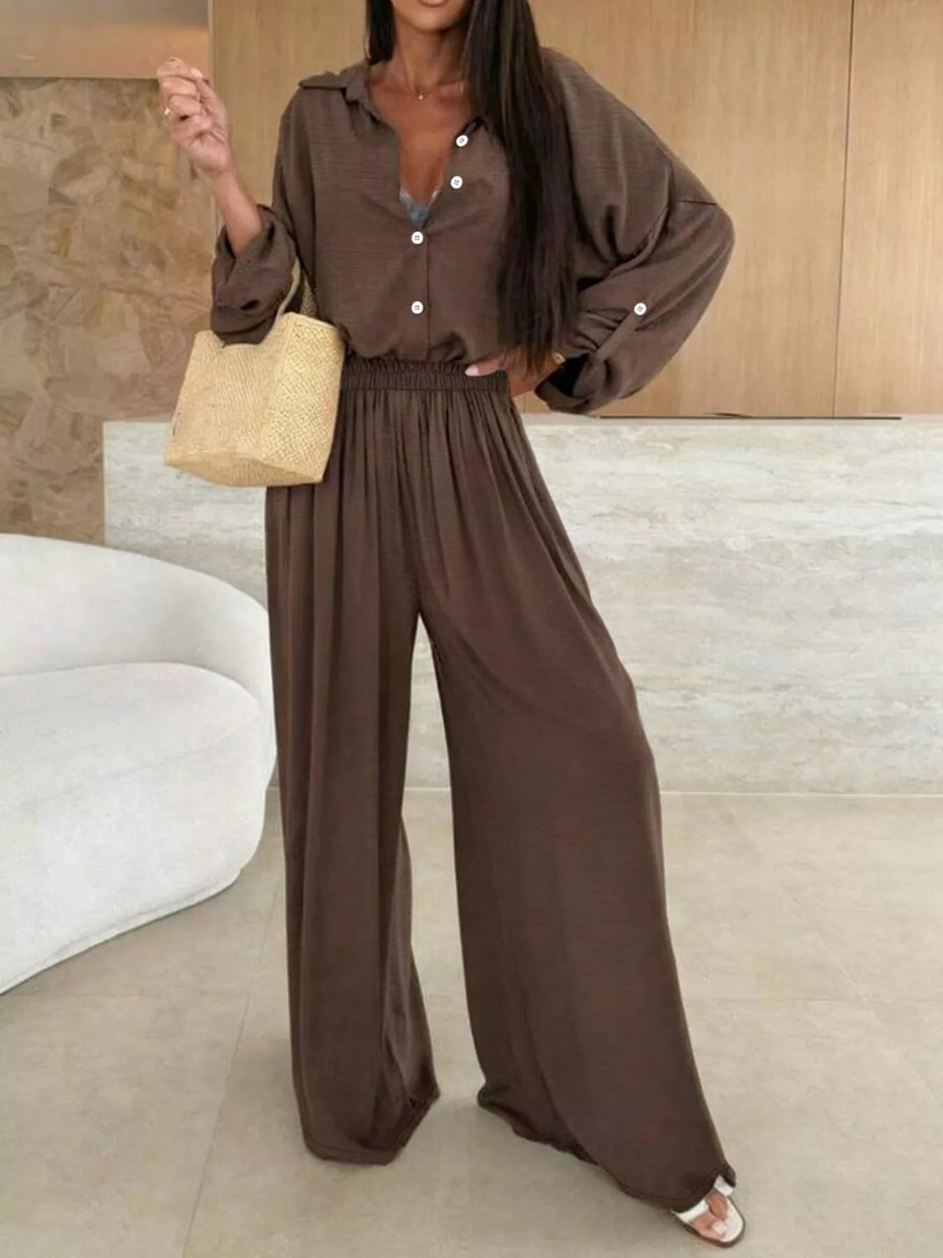 Conjunto de camisa de manga larga y pantalón de pierna ancha