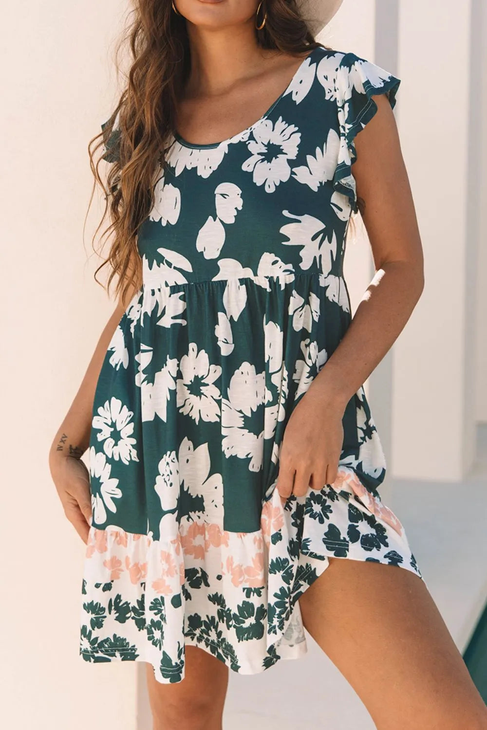 Floral Print Ruffle Sleeve Empire Waist Mini Dress