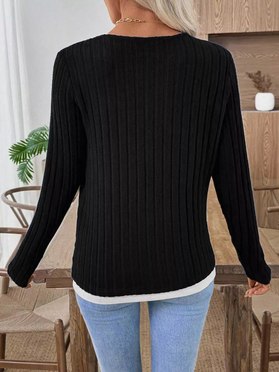 Camiseta Henley de manga larga de punto acanalado