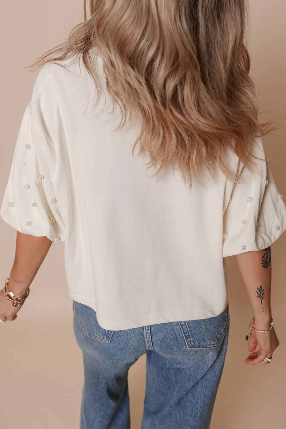 Camiseta con mangas bordadas con cuentas de perlas AMERICA EST 1776