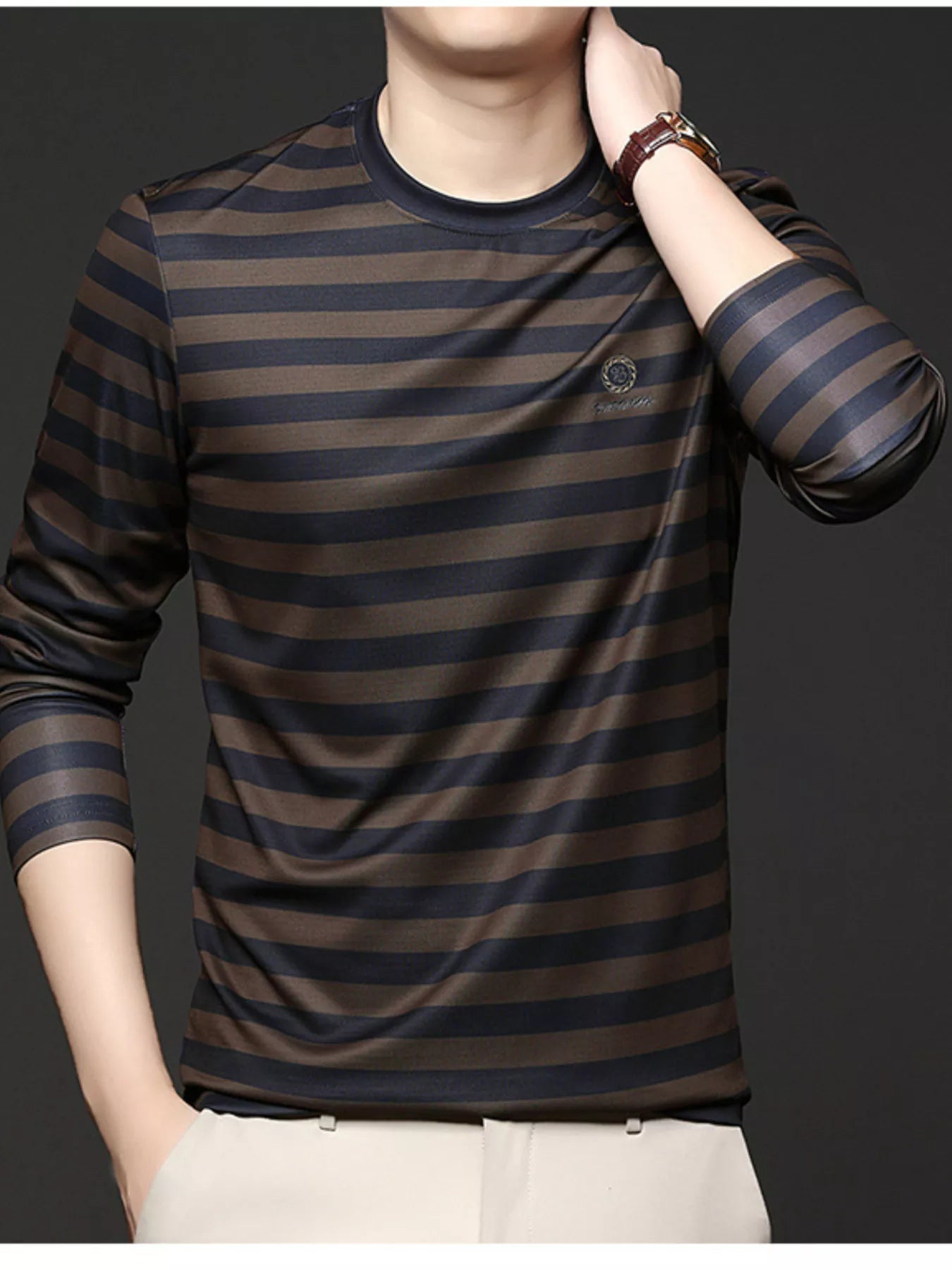 Camiseta de Manga Larga a Rayas Gruesa y Cálida de Talla Grande para Hombre