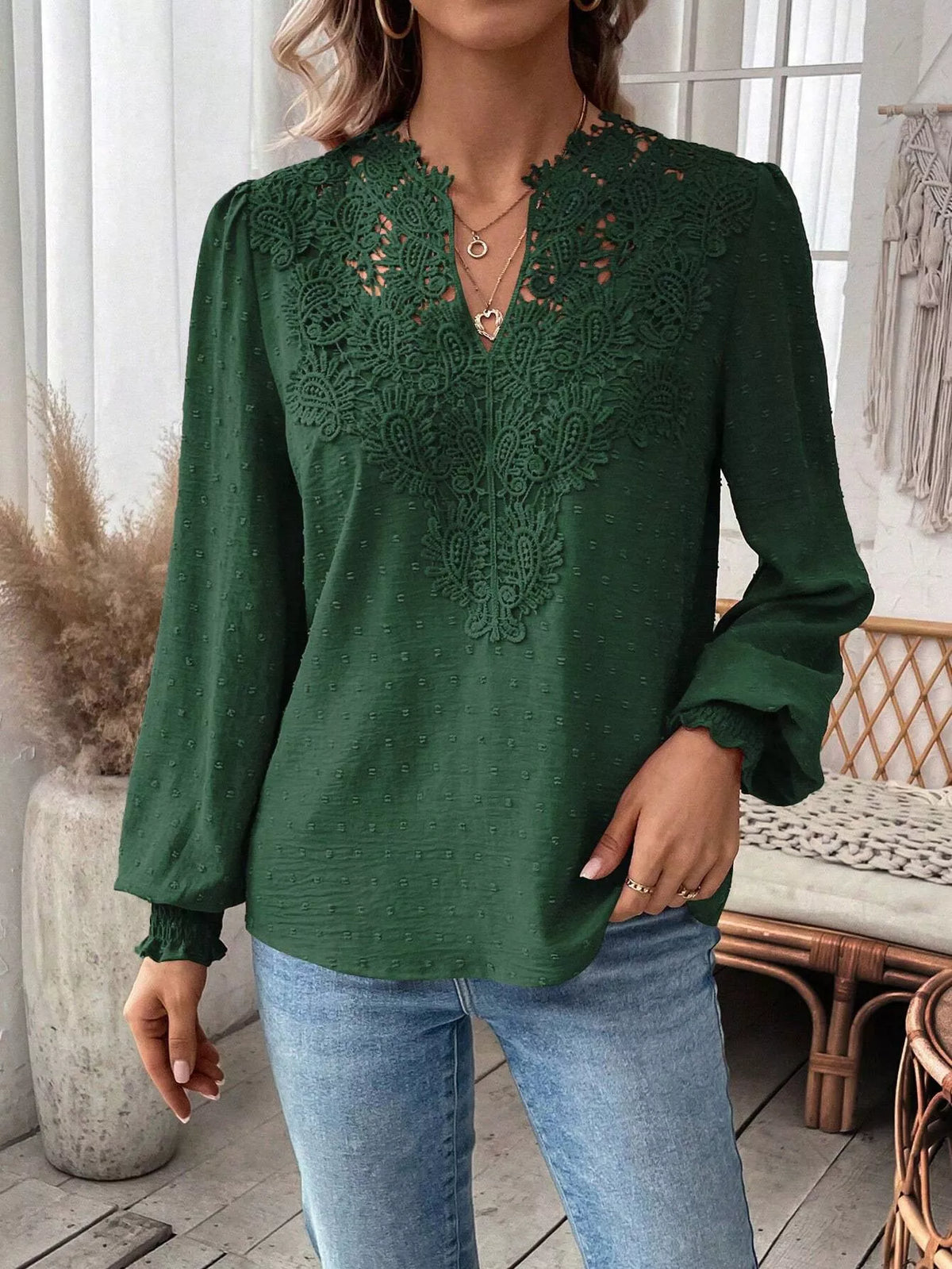 Lace Trim Long Sleeve Blouse