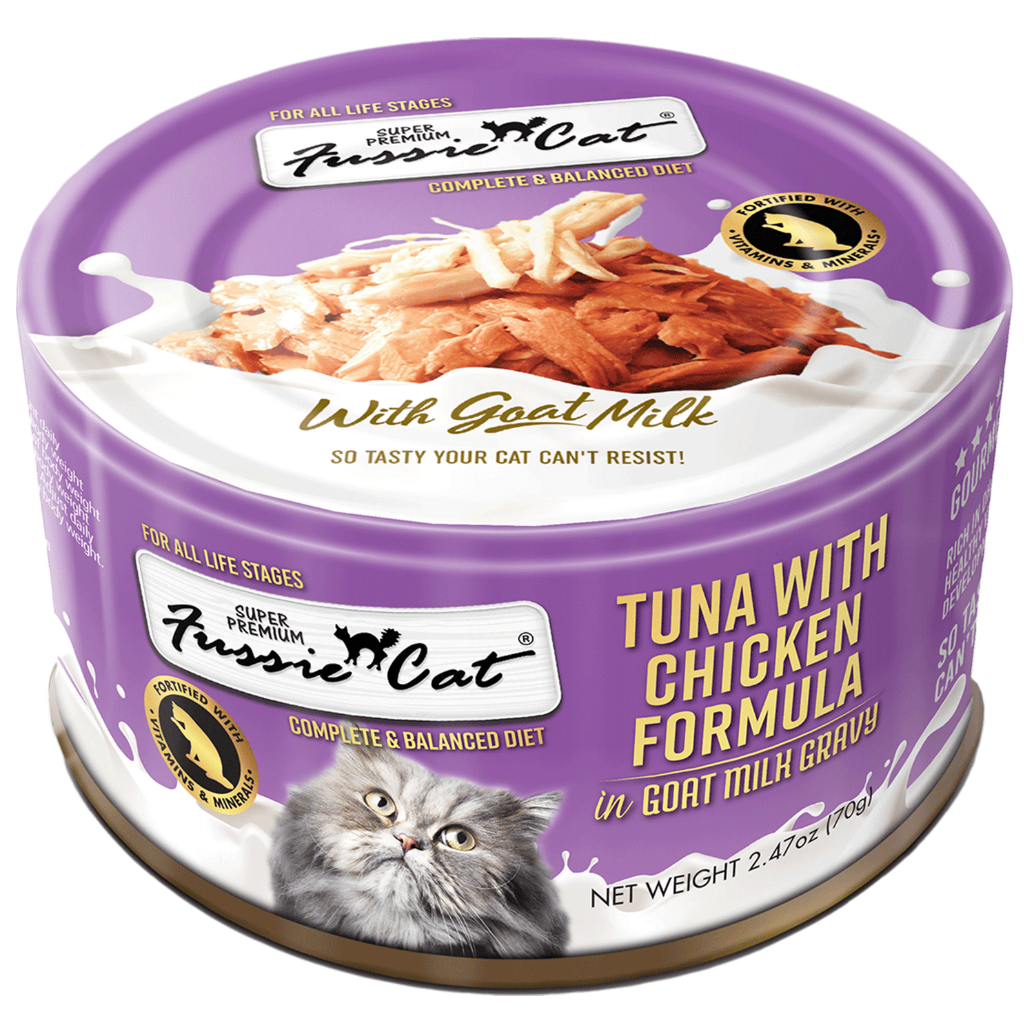 Fussie Cat Fórmula de atún con pollo en salsa de leche de cabra (2.47oz)