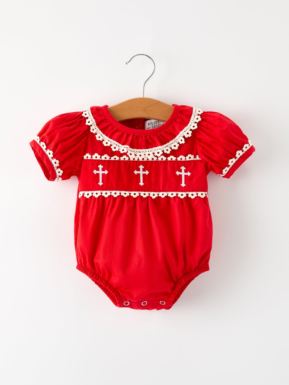 TEST VNS - Red Christmas Baby Girls Romper: Cross Embroidery with Lace Trim