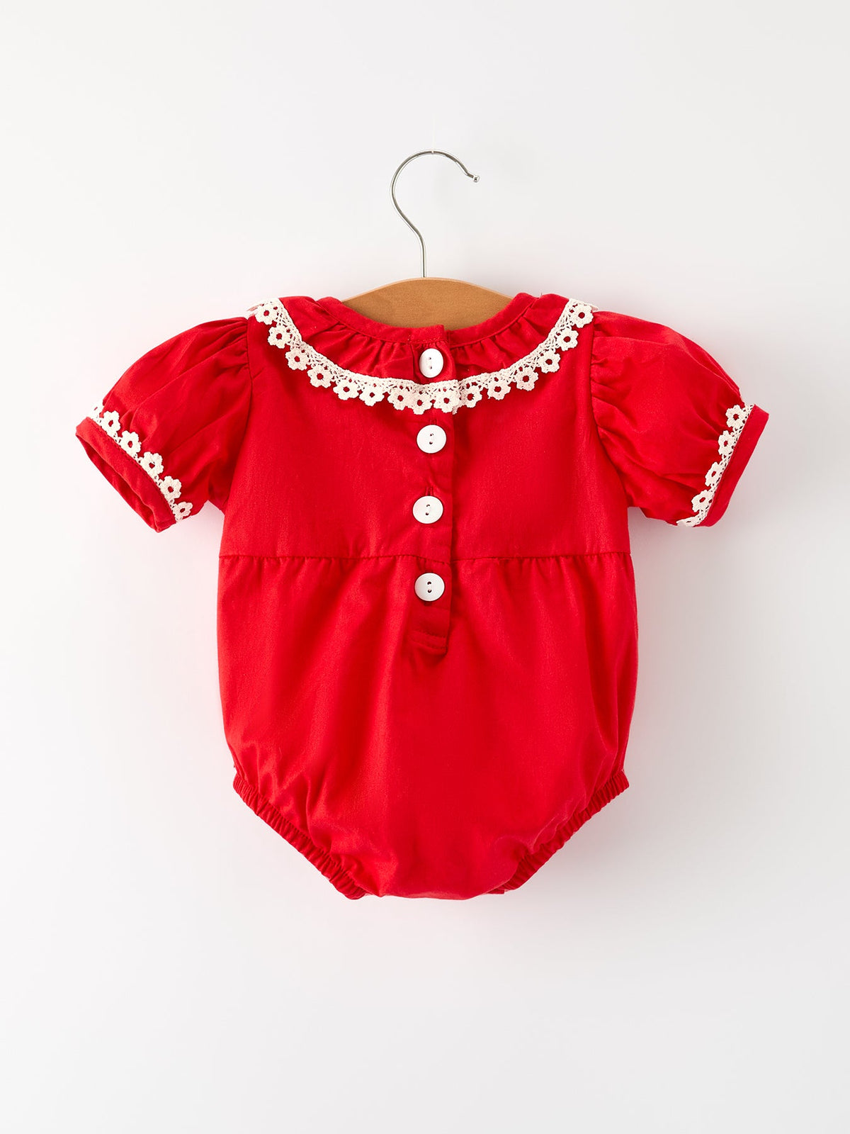 TEST VNS - Red Christmas Baby Girls Romper: Cross Embroidery with Lace Trim